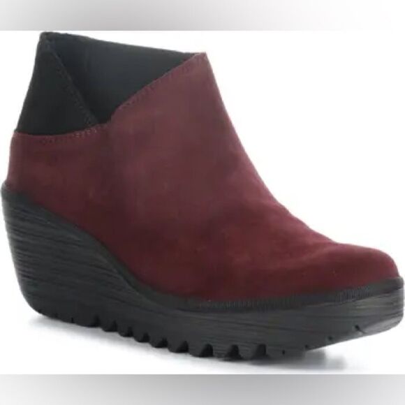 Fly London Yego Wedge Bootie Burgundy Wine Comfortable Boot NWOB 7 - Picture 1 of 8